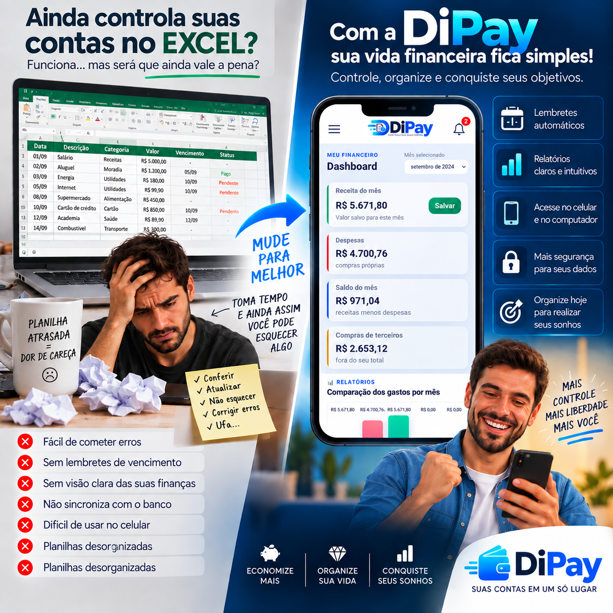 Comparação entre o controle de contas em planilhas e a organização financeira oferecida pelo DiPay